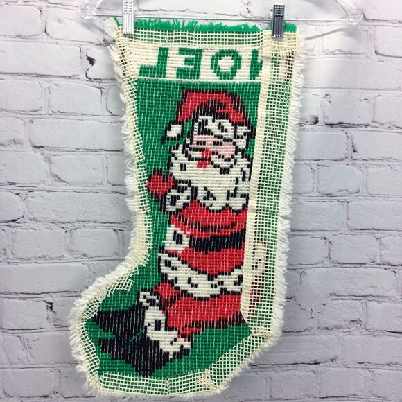 Vintage Christmas Santa Latch Hook Rug Stocking Wall Hanging Handmade 22”x12.5” - Picture 2 of 4